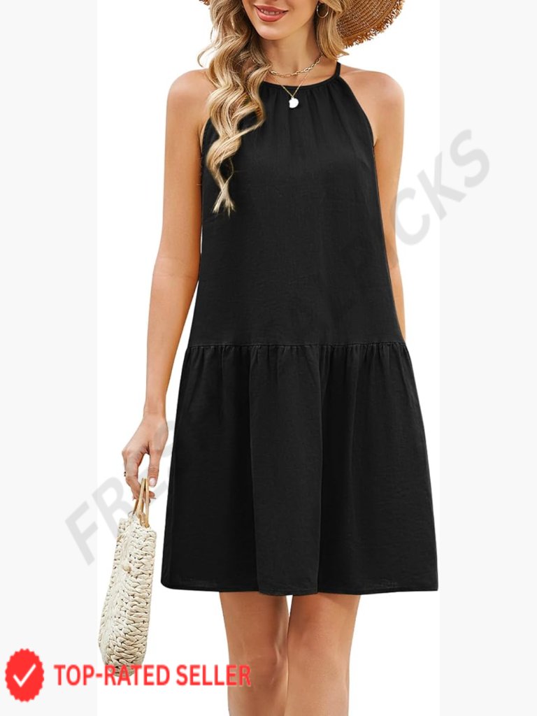 Linen Halter Neck Sleeveless Midi Dress Ruffle Summer Casual Beach